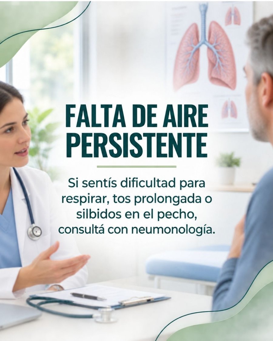 Falta de aire persistente: si sentís dificultad para respirar, tos prolongada o silbidos en el pecho, consultá con neumonología.